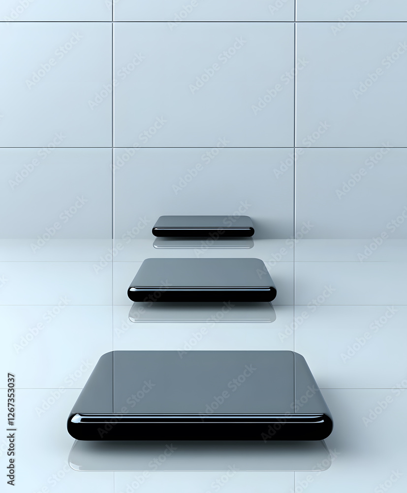 Poster a minimalist scene featuring three dark, sleek platforms on a reflective surface against a backdrop 