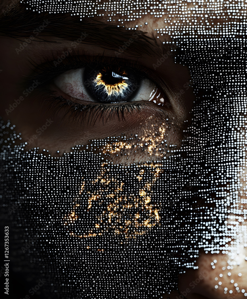 Poster an eye with intricate patterns, partially obscured by metallic textures, evokes a sense of mystery a