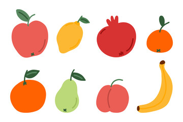 Cute fruit set doodle style. Flat simple apple, lemon, pomegranate, mandarin, orange, pear, peach, banana. Cartoon illustration for children. Hand drawn illustration isolated on white background.