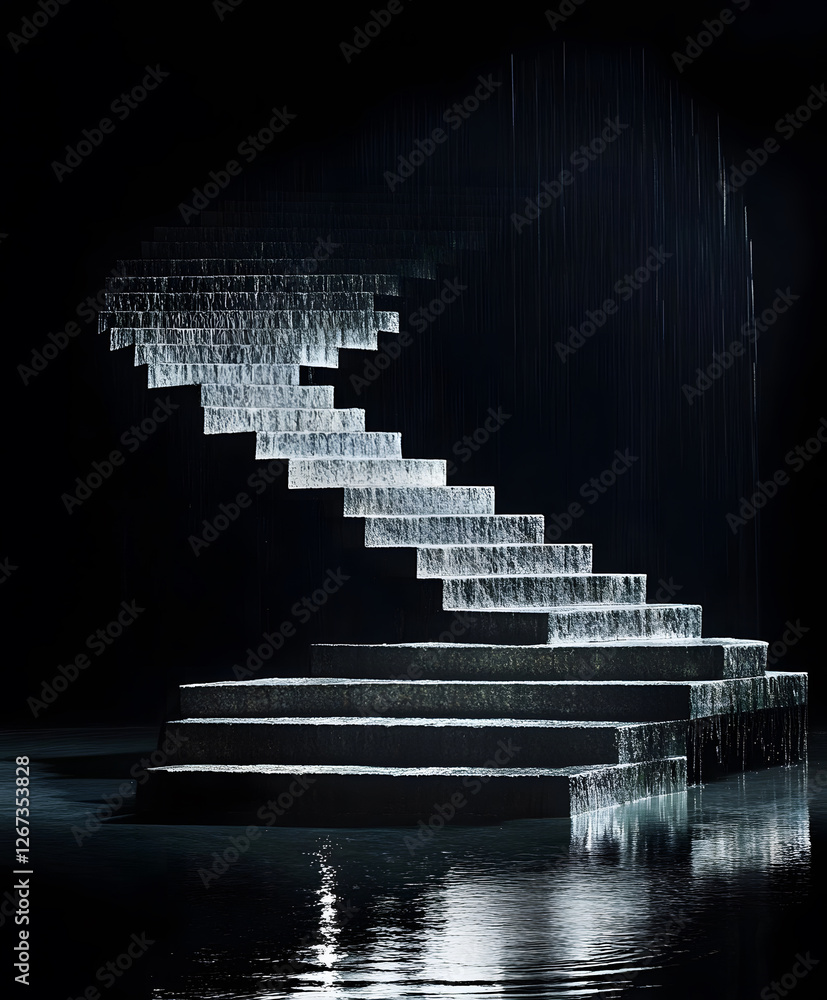 Poster A staircase appears to flow with cascading water, illuminated in a dark space, creating a surreal and tranquil atmosphere