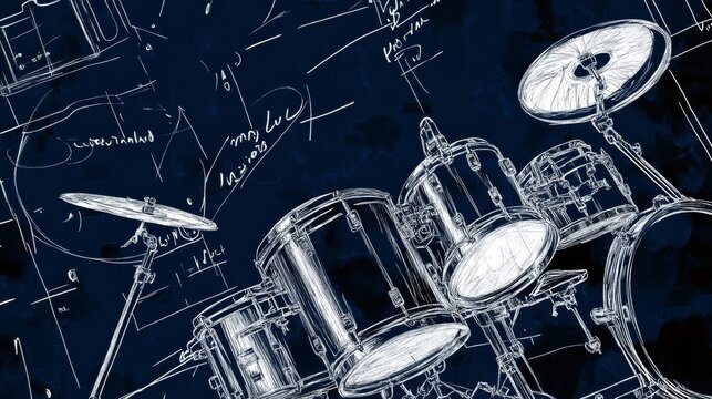 Detailed blueprint design of a drumset from a high angle with hand drawn style on black background
