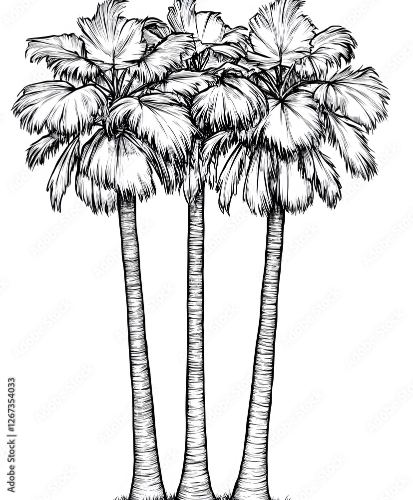 Poster three tall palm trees illustrated in black and white, showcasing their distinctive fronds and trunks