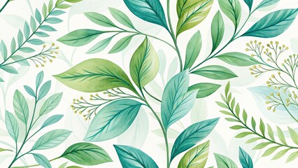 Botanical Watercolor Leaf Pattern with Vibrant Greens and Soft Background in Natural Design