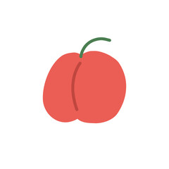 Cute red peach doodle style. Smile simple fruit for card, print, banner, poster, template. Cartoon funny character for children. Hand drawn illustration isolated on white background.