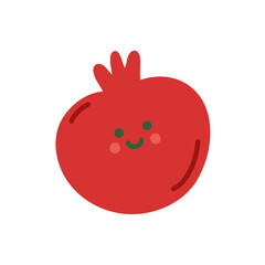 Cute red pomegranate doodle style. Smile simple fruit for card, print, banner, poster, template. Cartoon funny character for children. Hand drawn illustration isolated on white background.