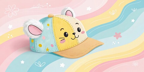 Colorful Children?s Cap With Animal Ears On Soft Pastel Background With Abstract Patterns