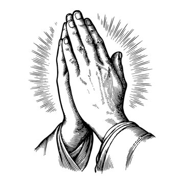 Hand Pray Gesture with Shining Sunburst Effect Black and White Outline Line Art Drawing