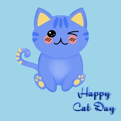 Cat Day on February 20th with a cute blue kawaii style sitting cat with text and on a blue background