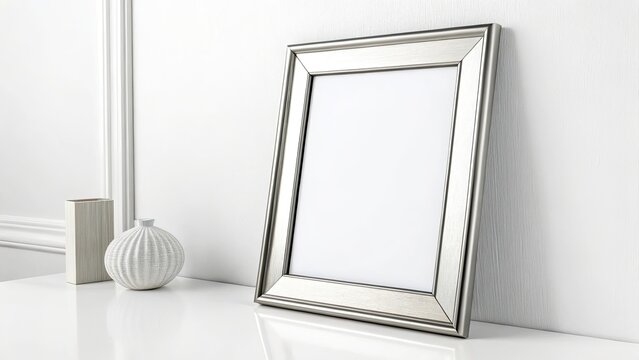 Decorative Empty Picture Frame with Silver Accents on White Modern Table in Bright Interior