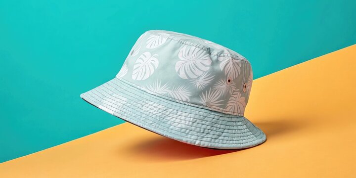Decorative Bucket Hat With Floral Pattern Against Bright Orange And Teal Background - Powered by Adobe