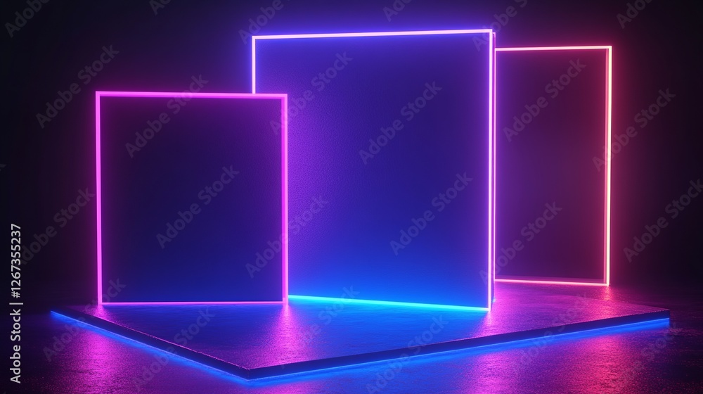 Aufkleber 3d square and neon light line dark blue background, blue technology background with glowing cubes 3d