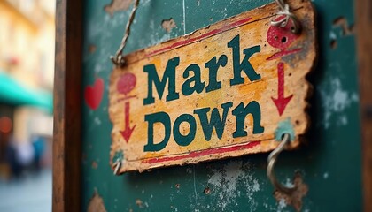 Vintage wooden sign with the text 'Mark Down' hanging in a bustling market street, vibrant atmosphere
