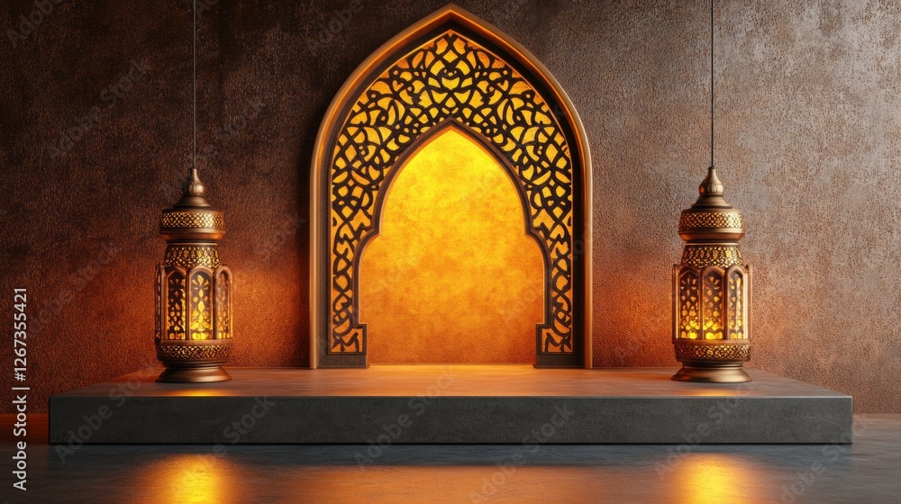 Poster festive stage adorned with beautiful lanterns and an ornate backdrop captures the essence of ramadan