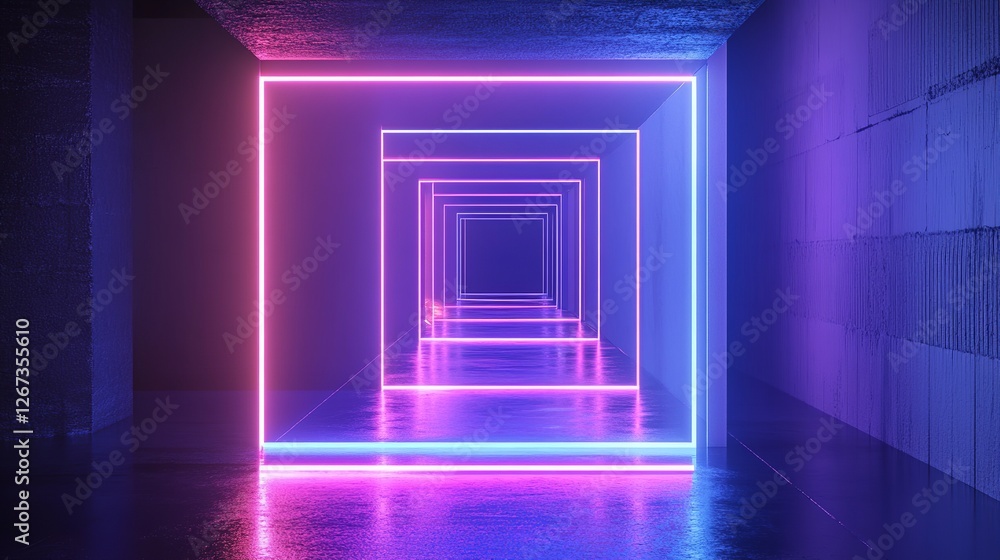 Aufkleber 3d square and neon light line dark blue background, blue technology background with glowing cubes 3d