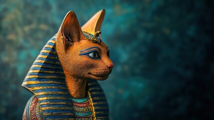 Egyptian Cat Statue Profile, Teal Background, Ancient Symbolism