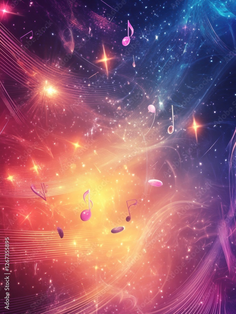 Poster Colorful abstract background with musical notes floating in a cosmic space environment. Generative AI