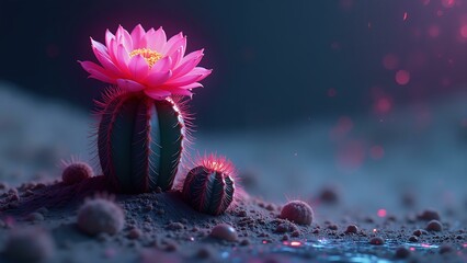 A vibrant, otherworldly cactus blooms amidst a swirling sandstorm of distorted pixels and code, with roots grasping for a broken phone.