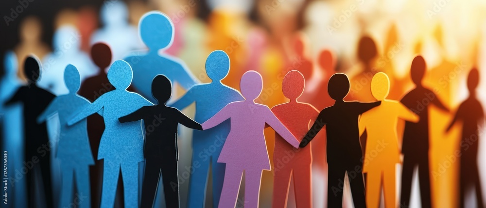 Aufkleber group of paper people cutouts standing in a row representing unity and diversity in a crowd concept