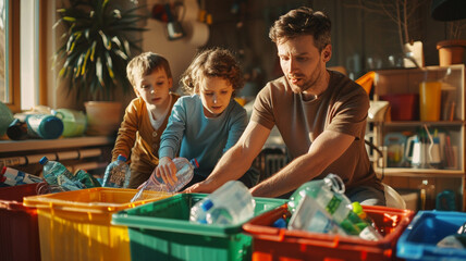 A family bonding over recycling by sorting paper, glass, and plastic into color-coded bins, teaching kids about sustainability.