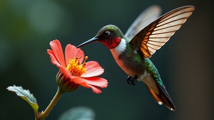 Fototapeta premium A surreal scene featuring a colorful hummingbird and a flower composed of broken smartphones.