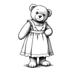 Teddy Bear in Dress Costume Detailed Black and White Outline Line Art Drawing Illustration