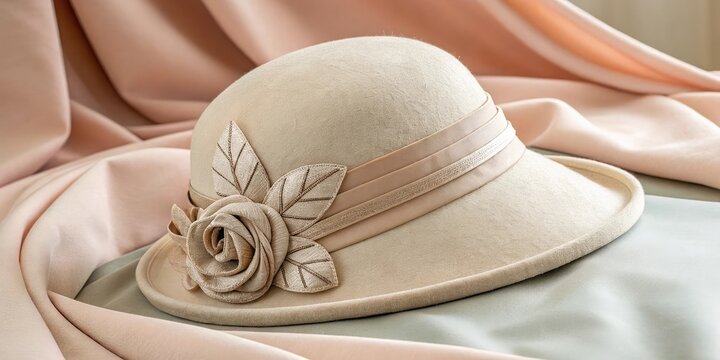 Elegant Vintage Hat with Floral Decoration Resting on Soft Fabric Background in Neutral Tones