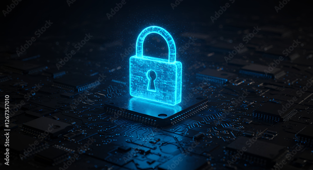 Poster cyber security lock: protecting your data with digital encryption & technology, firewall & online se