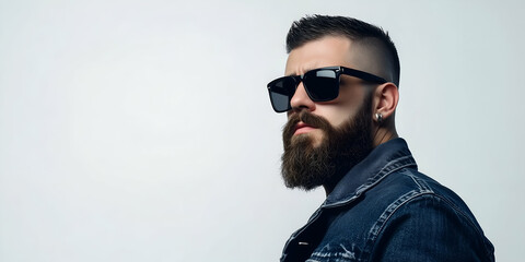 Handsome man with beard and sunglasses, wearing a denim jacket against white background. Hair style or men's fashion advertisement, or a beauty salon or barber shop promotion. Banner with copy space.