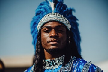 Obraz premium Traditional attire showcases vibrant blue feathers and intricate
