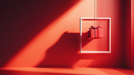 Red background with gift box hanging from the wall. Gift box with hanging border frame. A 3d rendering of a red background with minimal shadows. A red backdrop features a gift lifestyle box suspended.