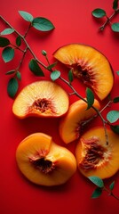 Fresh Peach Slices with Green Leaves on a Vibrant Red Background