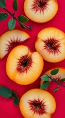 Fresh Peach Slices with Green Leaves on a Vibrant Red Background