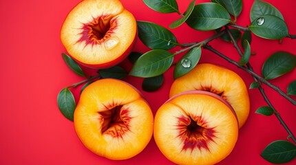 Fresh Peach Slices with Green Leaves on a Vibrant Red Background