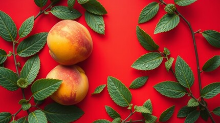 Fresh Peach Slices with Green Leaves on a Vibrant Red Background