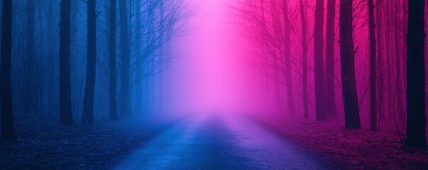 A mystical forest pathway illuminated by vibrant blue and pink fog, creating an enchanting, surreal atmosphere.