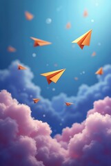 Abstract composition with smooth gradients of blue, purple and gold colors, with flying paper airplanes