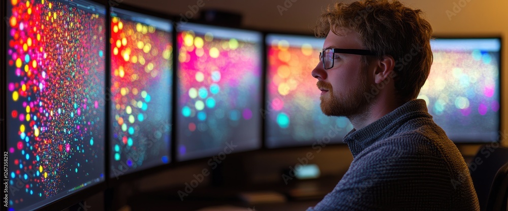 Poster man analyzing data on multiple screens. night office background. stock photo