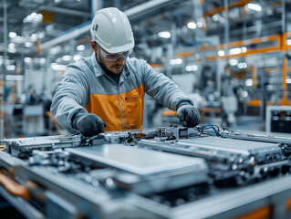A dedicated worker wearing a hard hat and goggles is working on a battery cell production line at a modern factory for electric vehicles, electronic equipment, and energy storage systems.