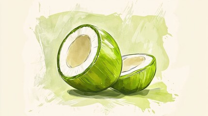 Green Coconut Fruit Watercolor Illustration with Transparent Background