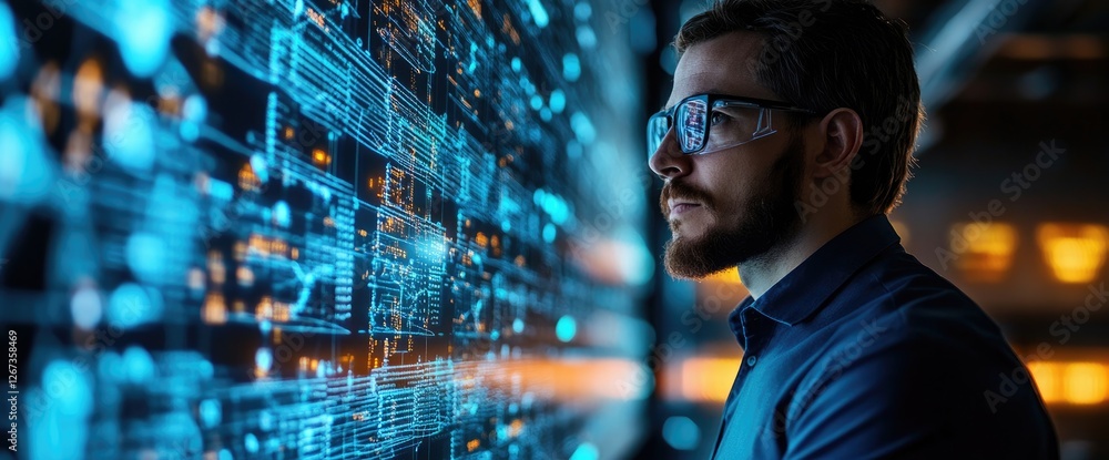 Poster man analyzing data screen, server room background, tech concept