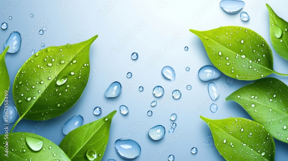 Fototapete Fresh green leaves with water droplets on a blue background creating a tranquil and refreshing atmosphere. Generative AI