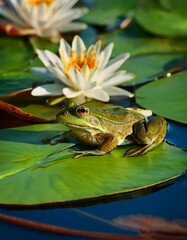 una rana encima de un nenufar en un lago frondoso lleno de nenufares y flores de lotto
