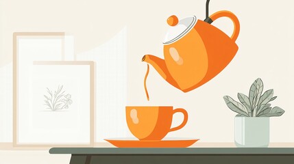 Ceramic Teapot Pouring Tea into Cup