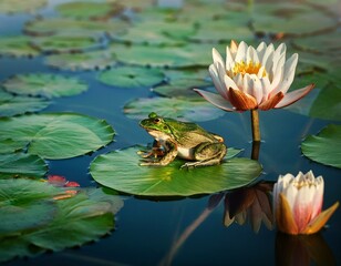 Fototapeta premium una rana encima de un nenufar en un lago frondoso lleno de nenufares y flores de lotto