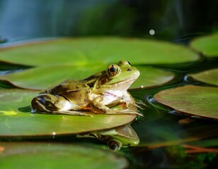 una rana encima de un nenufar en un lago frondoso lleno de nenufares y flores de lotto