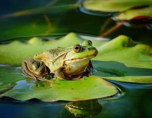 una rana encima de un nenufar en un lago frondoso lleno de nenufares y flores de lotto