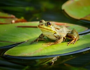 una rana encima de un nenufar en un lago frondoso lleno de nenufares y flores de lotto