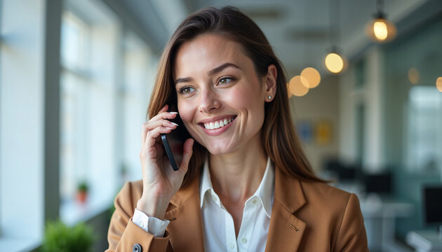 Smiling businesswoman talking on smartphone at work in modern office environment