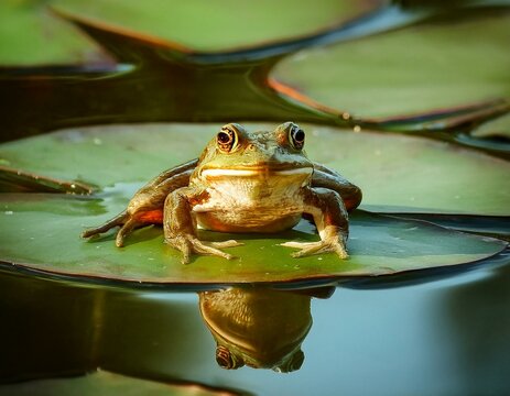 una rana encima de un nenufar en un lago frondoso lleno de nenufares y flores de lotto