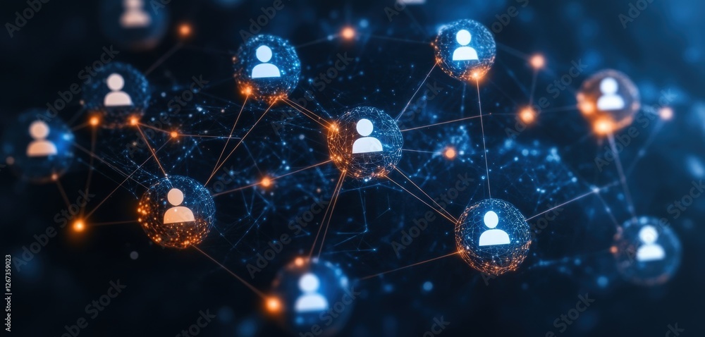 Poster network of connected dots and glowing lights representing communication and digital connections